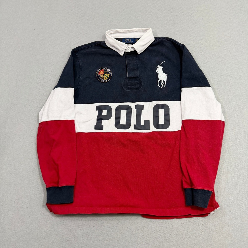 Polo Ralph Lauren Rugby Shirt Mens XL Blue Red White Big Pony Crest Long Sleeve